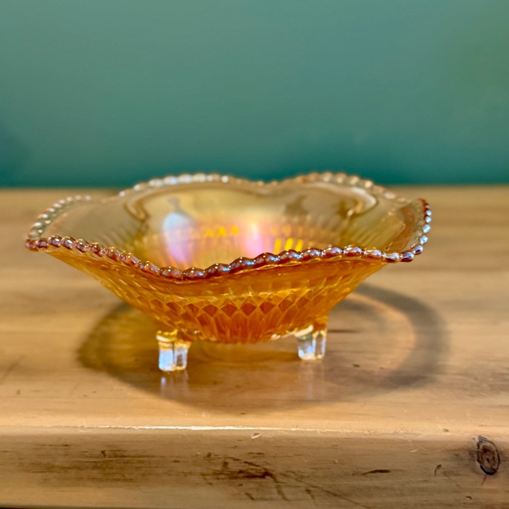 Vntg Jeanette Marigold Carnival Depression Glass Footed Bowl Iridescent Ribbed